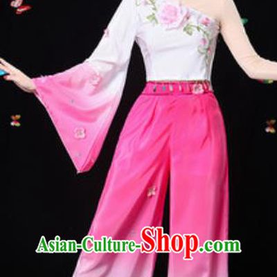 Traditional Chinese Yangko Dance Rosy Clothing Folk Dance Fan Dance Stage Performance Costume for Women