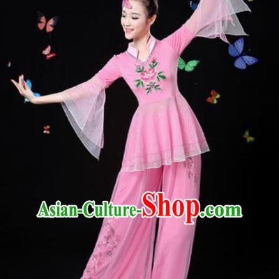 Traditional Chinese Yangko Group Dance Pink Veil Clothing Folk Dance Fan Dance Stage Performance Costume for Women