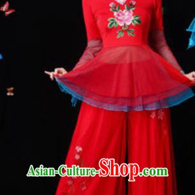 Traditional Chinese Yangko Group Dance Red Veil Clothing Folk Dance Fan Dance Stage Performance Costume for Women