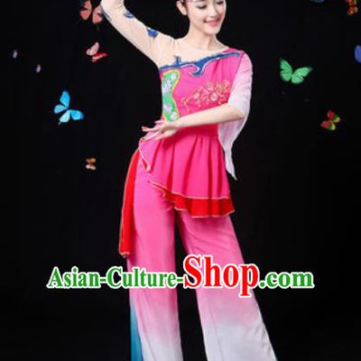 Traditional Chinese Yangko Group Dance Rosy Clothing Folk Dance Fan Dance Stage Performance Costume for Women