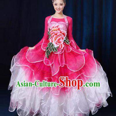 Traditional Chinese Modern Dance Peony Dance Rosy Dress Spring Festival Gala Opening Dance Stage Performance Costume for Women