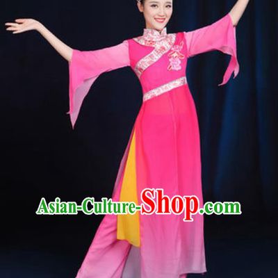 Chinese Traditional Umbrella Dance Group Dance Rosy Dress Classical Dance Stage Performance Costume for Women