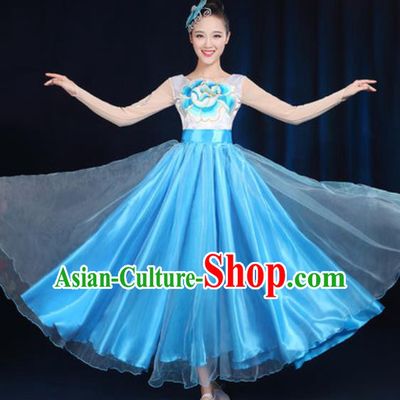 Traditional Chinese Modern Dance Peony Dance Blue Dress Spring Festival Gala Opening Dance Stage Performance Costume for Women