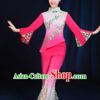 Traditional Chinese Yangko Fan Dance Rosy Clothing Folk Dance Stage Performance Costume for Women