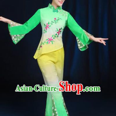 Traditional Chinese Yangko Fan Dance Green Clothing Folk Dance Stage Performance Costume for Women