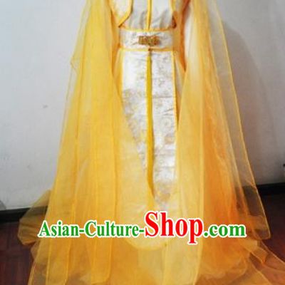 Traditional Chinese Cosplay Peri Princess Yellow Hanfu Dress Ancient Swordswoman Embroidered Costume for Women
