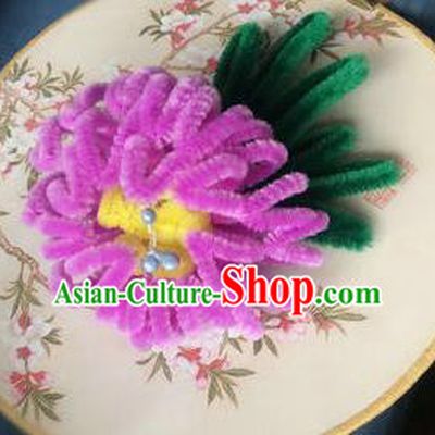 Traditional Chinese Qing Dynasty Rosy Velvet Chrysanthemum Hairpins Handmade Ancient Palace Hair Accessories for Women