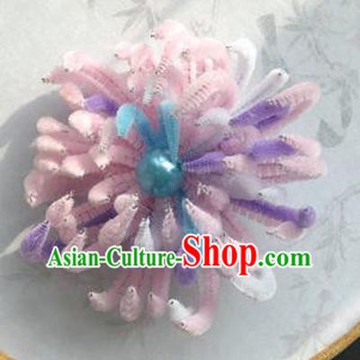 Traditional Chinese Qing Dynasty Pink Velvet Chrysanthemum Hairpins Handmade Ancient Palace Hair Accessories for Women