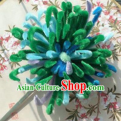 Traditional Chinese Qing Dynasty Green Velvet Chrysanthemum Hairpins Handmade Ancient Palace Hair Accessories for Women