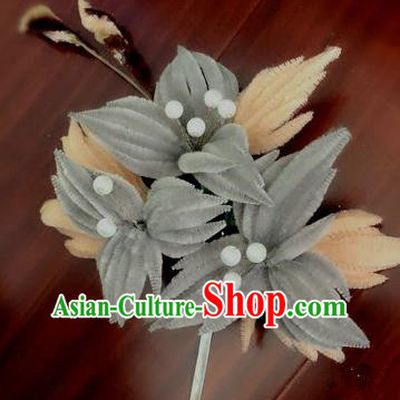 Traditional Chinese Qing Dynasty Grey Velvet Flowers Hairpins Handmade Ancient Palace Hair Accessories for Women