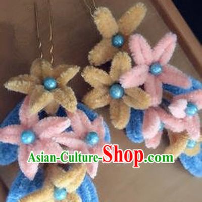 Traditional Chinese Qing Dynasty Velvet Flowers Hairpins Handmade Ancient Palace Hair Accessories for Women