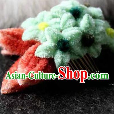 Traditional Chinese Qing Dynasty Green Velvet Flowers Hair Comb Hairpins Handmade Ancient Palace Hair Accessories for Women