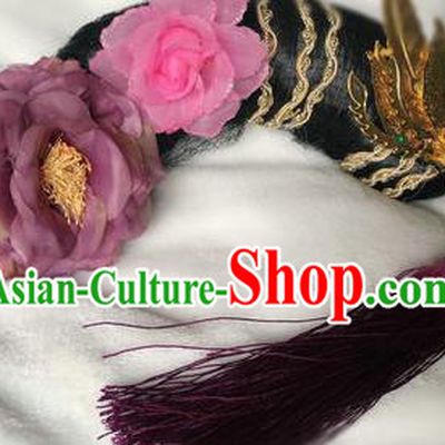 Traditional Chinese Qing Dynasty Imperial Consort Purple Peony Headwear Ancient Palace Manchu Hair Accessories for Women