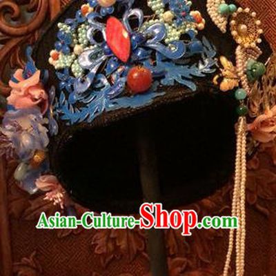Traditional Chinese Qing Dynasty Palace Lady Cloisonne Phoenix Hat Headwear Ancient Manchu Hair Accessories for Women