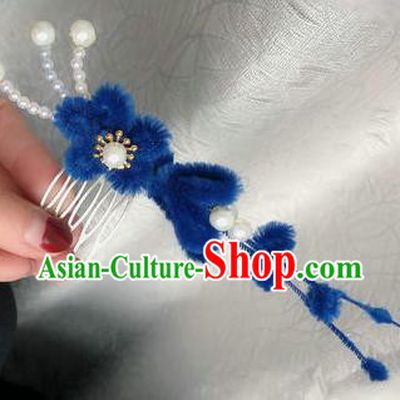 Traditional Chinese Qing Dynasty Royalblue Velvet Flowers Hair Comb Hairpins Handmade Ancient Palace Hair Accessories for Women
