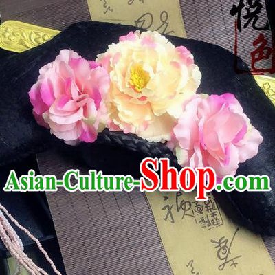 Traditional Chinese Qing Dynasty Palace Lady Pink Peony Headwear Ancient Manchu Hair Accessories for Women