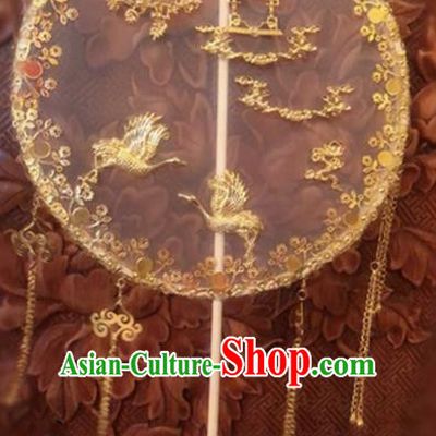 Traditional Chinese Wedding Golden Crane Tassel Palace Fans Ancient Palace Bride Round Fan Accessories for Women