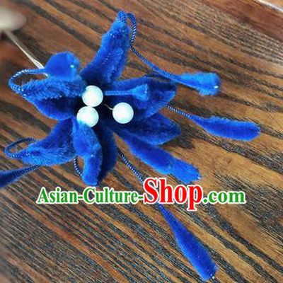 Traditional Chinese Qing Dynasty Royalblue Velvet Flower Hairpins Handmade Ancient Palace Hair Accessories for Women