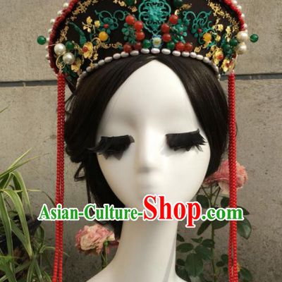Traditional Chinese Qing Dynasty Palace Queen Blueing Hat Headwear Ancient Manchu Lady Hair Accessories for Women