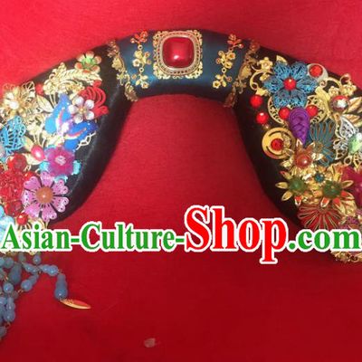 Traditional Chinese Qing Dynasty Imperial Consort Blue Beads Tassel Headwear Ancient Manchu Lady Hair Accessories for Women