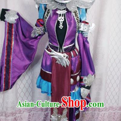 Traditional Chinese Cosplay Swordswoman Purple Hanfu Dress Ancient Princess Embroidered Costume and Headwear for Women