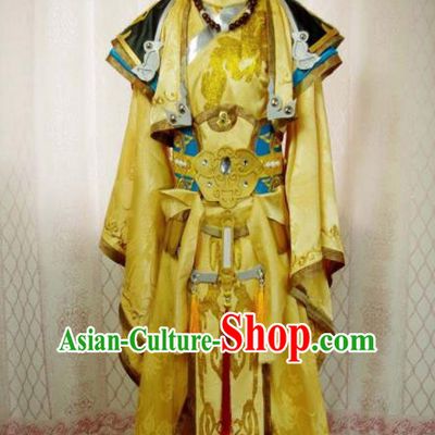 Traditional Chinese Cosplay Royal Highness Yellow Clothing Ancient Swordsman Embroidered Costume for Men
