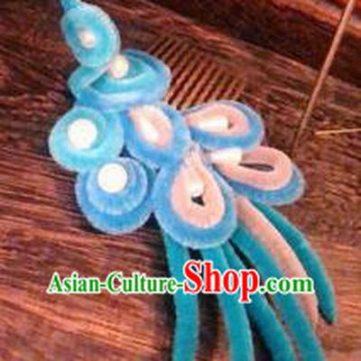 Traditional Chinese Ancient Qing Dynasty Blue Velvet Bird Hair Comb Hairpins Handmade Palace Hair Accessories for Women