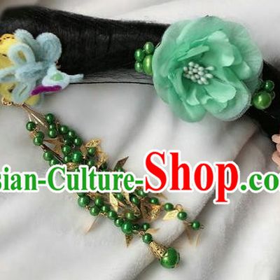 Traditional Chinese Qing Dynasty Imperial Consort Green Peony Tassel Headwear Ancient Palace Manchu Hair Accessories for Women