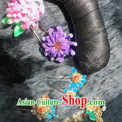 Traditional Chinese Ancient Qing Dynasty Velvet Flowers Hairpins Handmade Palace Hair Accessories for Women