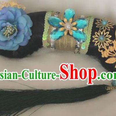 Traditional Chinese Qing Dynasty Imperial Consort Blue Peony Tassel Headwear Ancient Palace Manchu Hair Accessories for Women