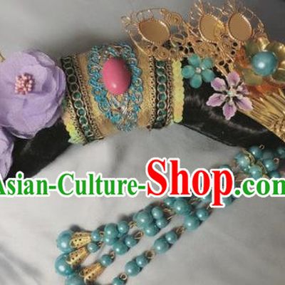 Traditional Chinese Qing Dynasty Imperial Consort Purple Peony Tassel Headwear Ancient Palace Manchu Hair Accessories for Women