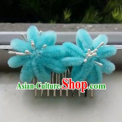 Traditional Chinese Qing Dynasty Blue Velvet Flowers Hair Comb Hairpins Handmade Ancient Palace Hair Accessories for Women