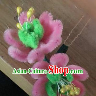 Traditional Chinese Qing Dynasty Pink Velvet Flowers Hairpins Handmade Ancient Palace Hair Accessories for Women