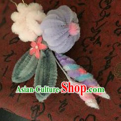 Traditional Chinese Qing Dynasty Grey Velvet Flowers Hairpins Handmade Ancient Palace Hair Accessories for Women