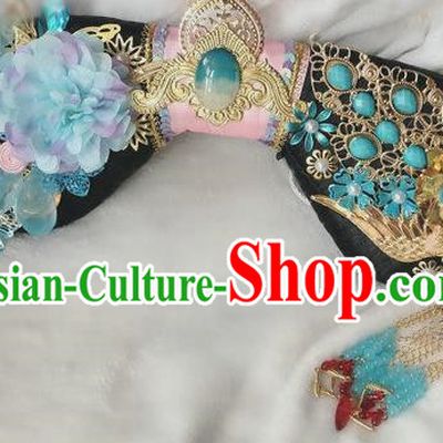 Traditional Chinese Qing Dynasty Imperial Consort Blue Peony Headwear Ancient Palace Manchu Hair Accessories for Women