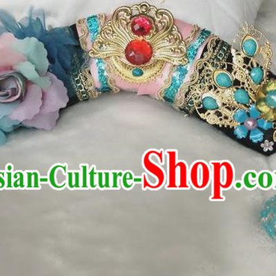 Traditional Chinese Qing Dynasty Imperial Consort Blue Tassel Peony Headwear Ancient Palace Manchu Hair Accessories for Women