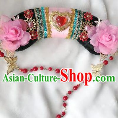 Traditional Chinese Qing Dynasty Imperial Consort Pink Peony Headwear Ancient Palace Manchu Hair Accessories for Women