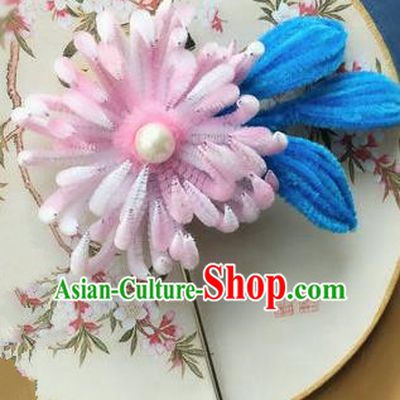 Traditional Chinese Ancient Qing Dynasty Pink Velvet Chrysanthemum Hairpins Handmade Palace Hair Accessories for Women