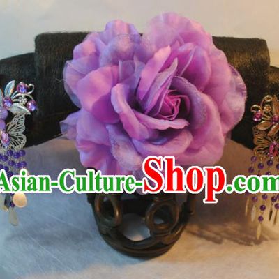 Traditional Chinese Qing Dynasty Manchu Princess Purple Peony Headwear Ancient Palace Lady Hair Accessories for Women