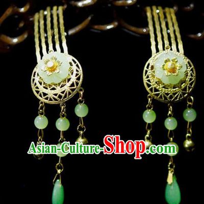 Traditional Chinese Handmade Green Beads Tassel Hair Combs Hanfu Hairpins Ancient Bride Hair Accessories for Women