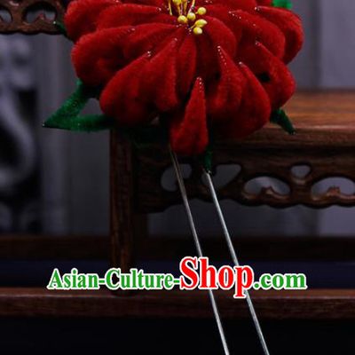 Traditional Chinese Handmade Qing Dynasty Red Velvet Chrysanthemum Hairpins Ancient Imperial Consort Hair Accessories for Women