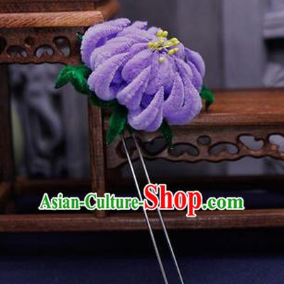 Traditional Chinese Handmade Qing Dynasty Purple Velvet Chrysanthemum Hairpins Ancient Imperial Consort Hair Accessories for Women