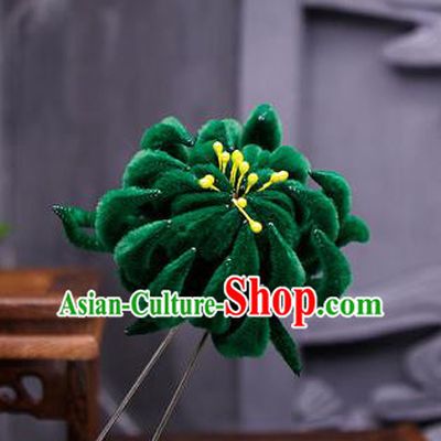 Traditional Chinese Handmade Qing Dynasty Deep Green Velvet Chrysanthemum Hairpins Ancient Imperial Consort Hair Accessories for Women