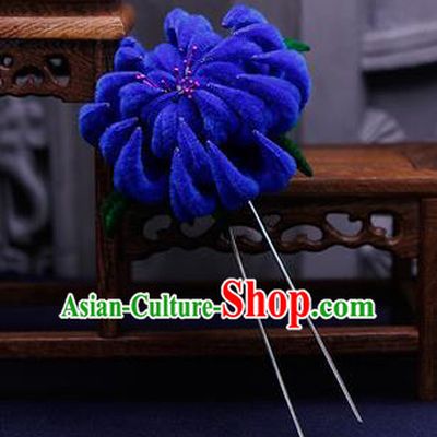 Traditional Chinese Handmade Qing Dynasty Royalblue Velvet Chrysanthemum Hairpins Ancient Imperial Consort Hair Accessories for Women