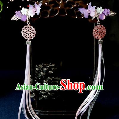 Traditional Chinese Handmade Long Ribbon Purple Butterfly Hair Claws Hairpins Ancient Princess Hair Accessories for Women
