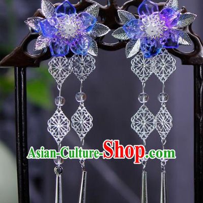 Traditional Chinese Wedding Tassel Blue Flower Hair Claws Hairpins Handmade Ancient Bride Hair Accessories for Women