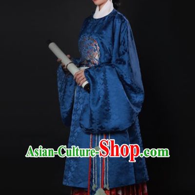 Chinese Ancient Ming Dynasty Court Dowager Navy Hanfu Dress Traditional Imperial Consort Embroidered Historical Costume for Women