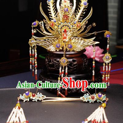 Traditional Chinese Handmade Tassel Phoenix Coronet Hairpins Ancient Queen Hair Accessories for Women