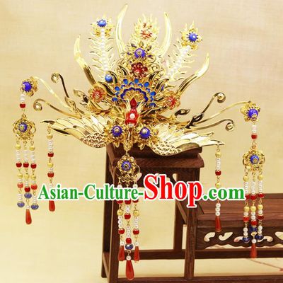Traditional Chinese Handmade Agate Tassel Phoenix Coronet Hairpins Ancient Queen Hair Accessories for Women
