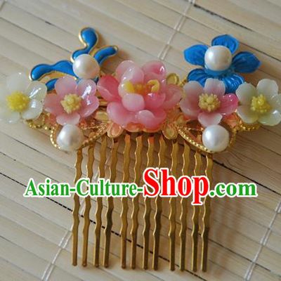 Handmade Chinese Ancient Princess Hairpins Pink Peach Blossom Hair Comb Headwear Hair Accessories for Women
